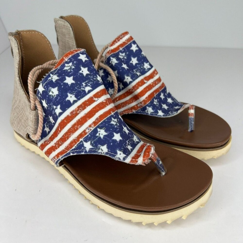 Womens Round Clip Toe American Flag Back Zip Denim Synthetic Size 7 Flat Sandals - Picture 2 of 8